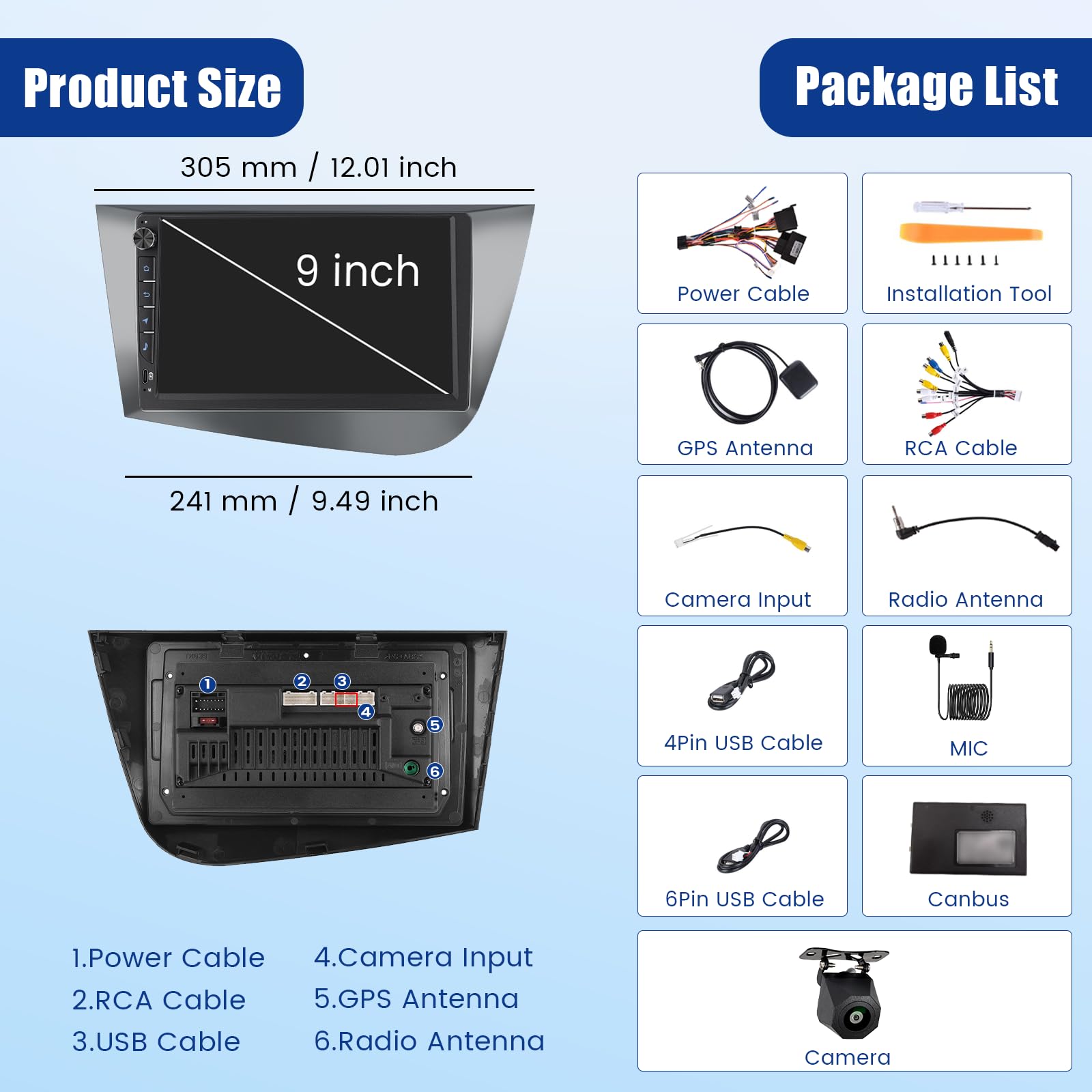 [4G+64G] Inefala Android 15 Radio Coche para Seat Leon MK2 2005-2012 con Wireless Carplay Android Auto, 9" Pantalla Autoradio con GPS WiFi RDS/FM Bluetooth EQ SWC Cámara Trasera Mic