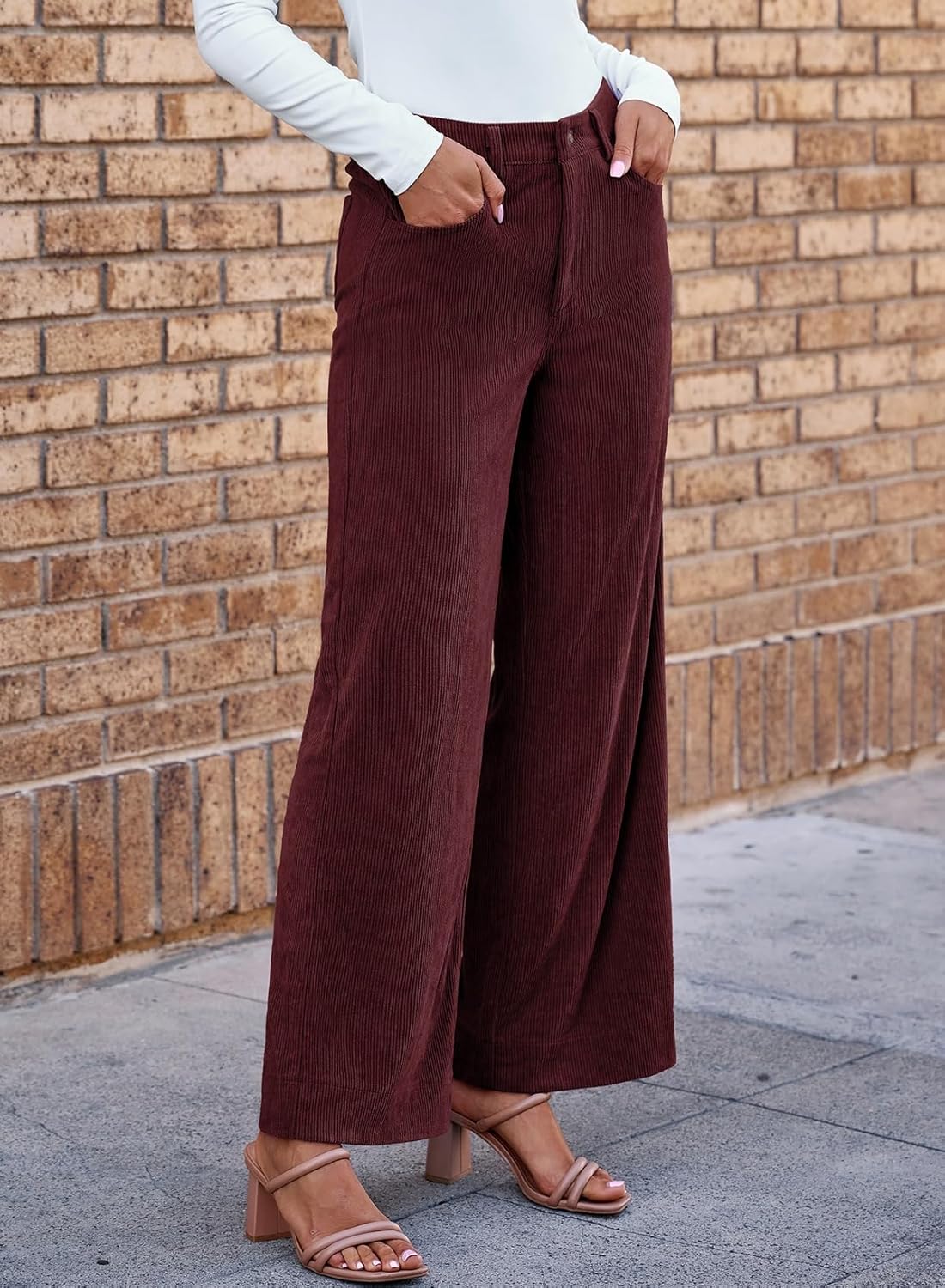 Sidefeel Women's Corduroy Pants Casual High Waisted Baggy Wide Leg Elastic Waist Loose Trousers with Pockets - Image 5