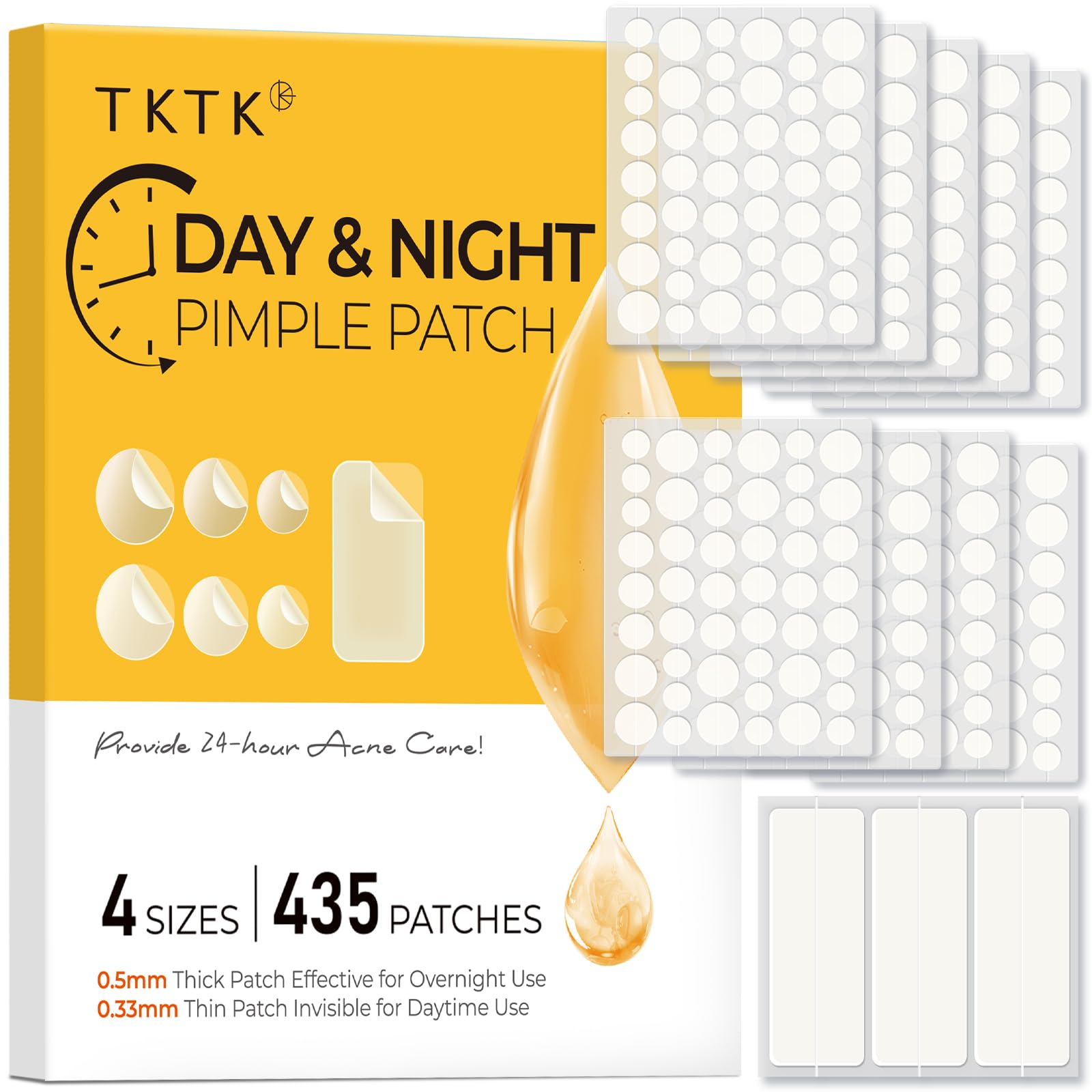 TKTK Bulk Pimple Patches for Face 435 Patches 4 Size Acne Patches Day and Night Hydrocolloid Patch Thin