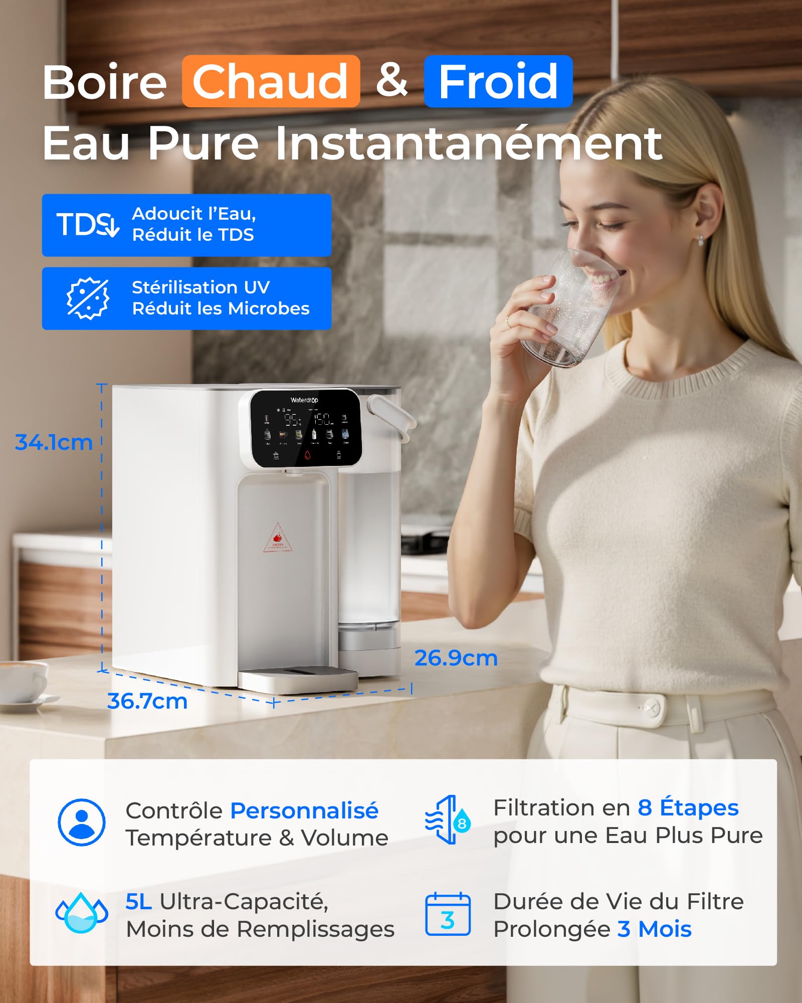 Waterdrop CT01 Chaude & Froide Distributeur d'eau avec Filtre, Réduit TDS, Calcaire & Chlore, Conserver Minéraux Importants, 8 Étapes Filtration, Réglages Température Multiples (15-95 °C)