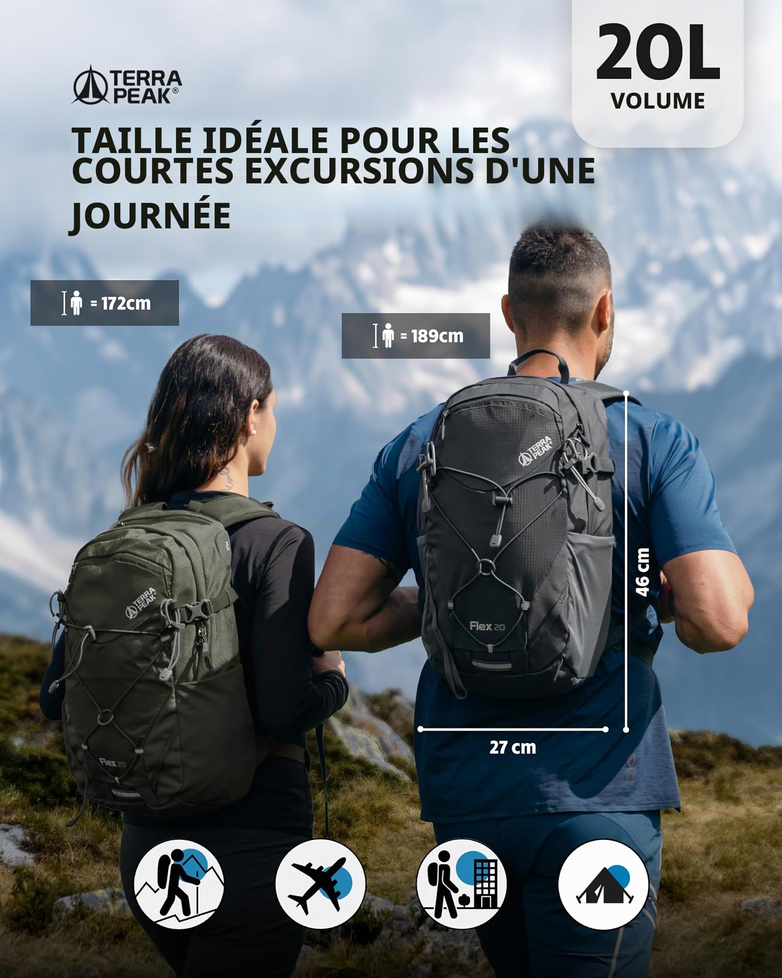 Terra Peak® Sac à dos de randonnée 20L (FLEX 20) petit vert olive femme et homme - Sac a dos de trekking, chasse et voyage (respirant, imperméable) - Sac alpinisme, escalade et de jour (ergonomique)