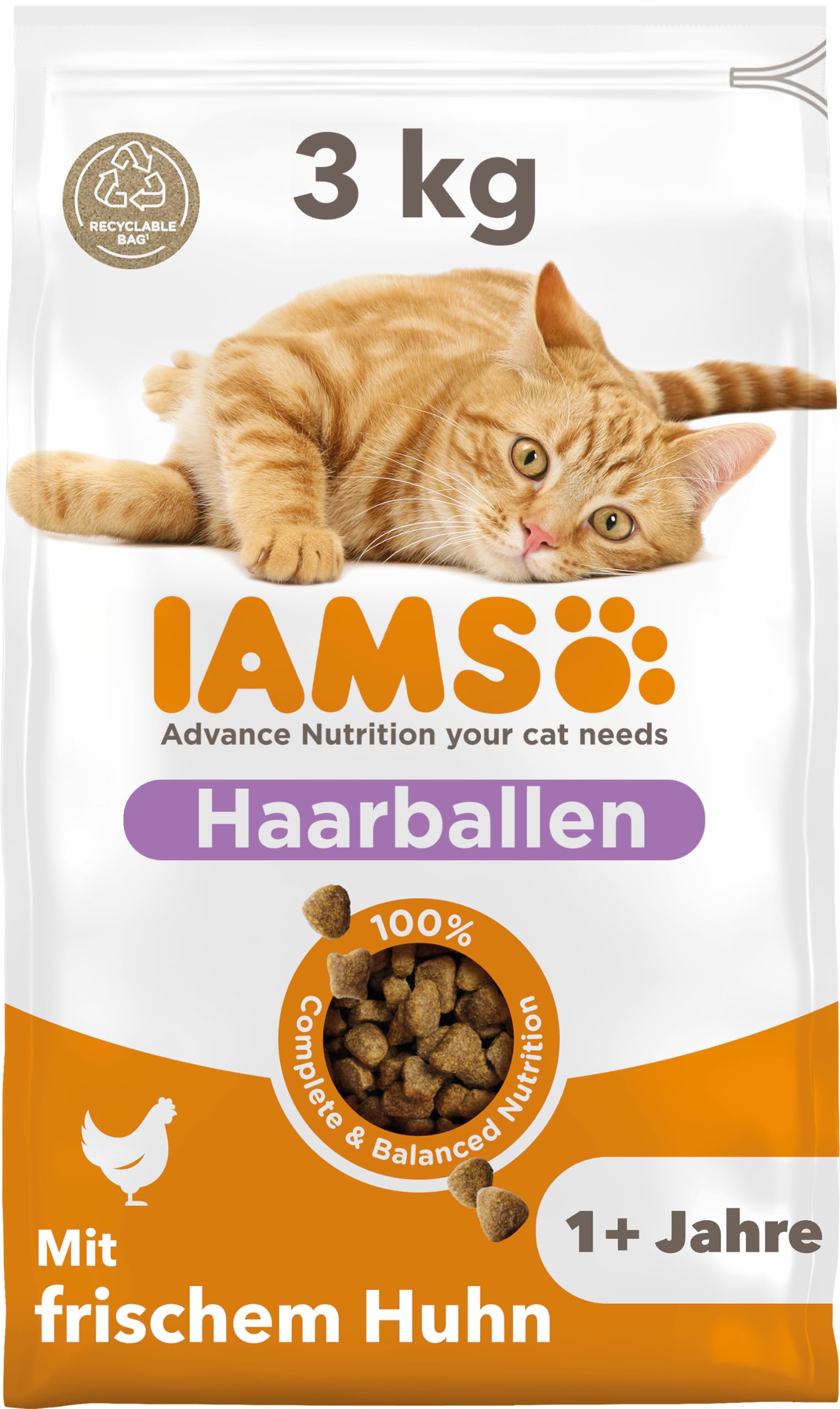 IAMS Anti-Haarballen Katzenfutter trocken mit Huhn - Trockenfutter für Katzen ab 1 Jahr, 3 kg