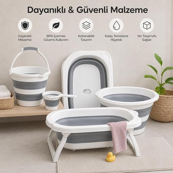 4'lü Katlanabilir Küvet Seti Bebek Küveti ve Çamaşır Sepeti