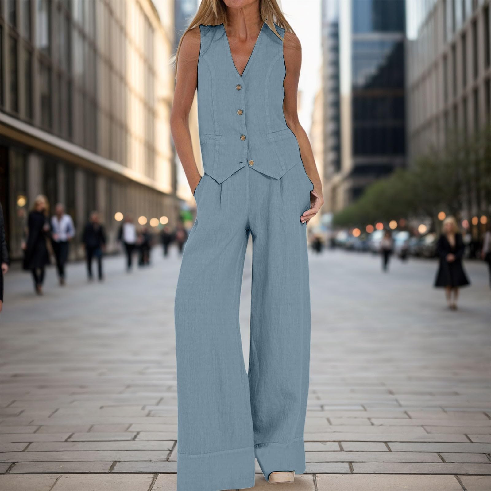 Ensemble 2 pièces pour femme en coton et lin avec col en V, sans manches, boutonné et pantalon à jambes larges, ensemble d'automne assorti élégant pour le bureau