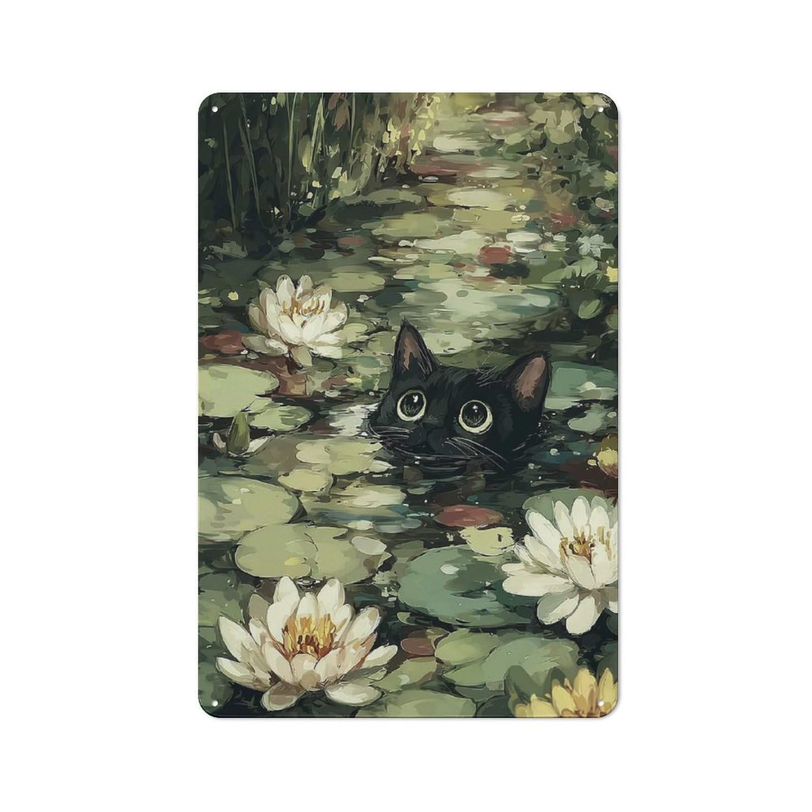 Junmoney Style-10 Black Cat In A Lily Pond Printed Metal Sign 30X20cm For Studio Or Craft Room, A Decorative Gift For A Newly Furnished Studio And Craft Room
