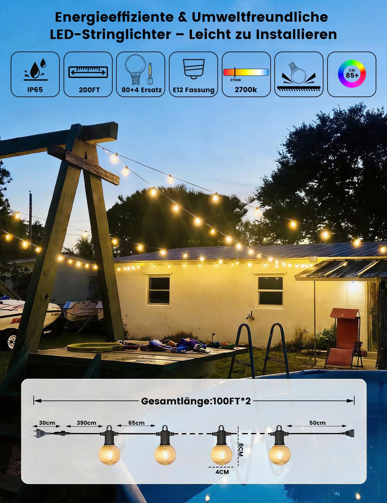 ZOTOYI Lichterkette Außen Glühbirnen 60M, IP65 Wasserdicht Outdoor Lichterkette Strom mit 80+4 G40 LED Bruchsicher Glühbirnen Plastik, Innen&Außen Lichterketten für Garten,Party,Terrasse,Balkon
