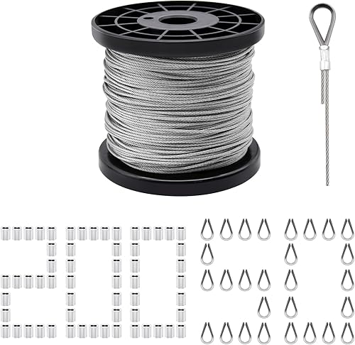 328 pies de cuerda de alambre, cable de alambre de acero inoxidable de 1/16" con mangas de aluminio para crimpar y dedales de acero inoxidable para