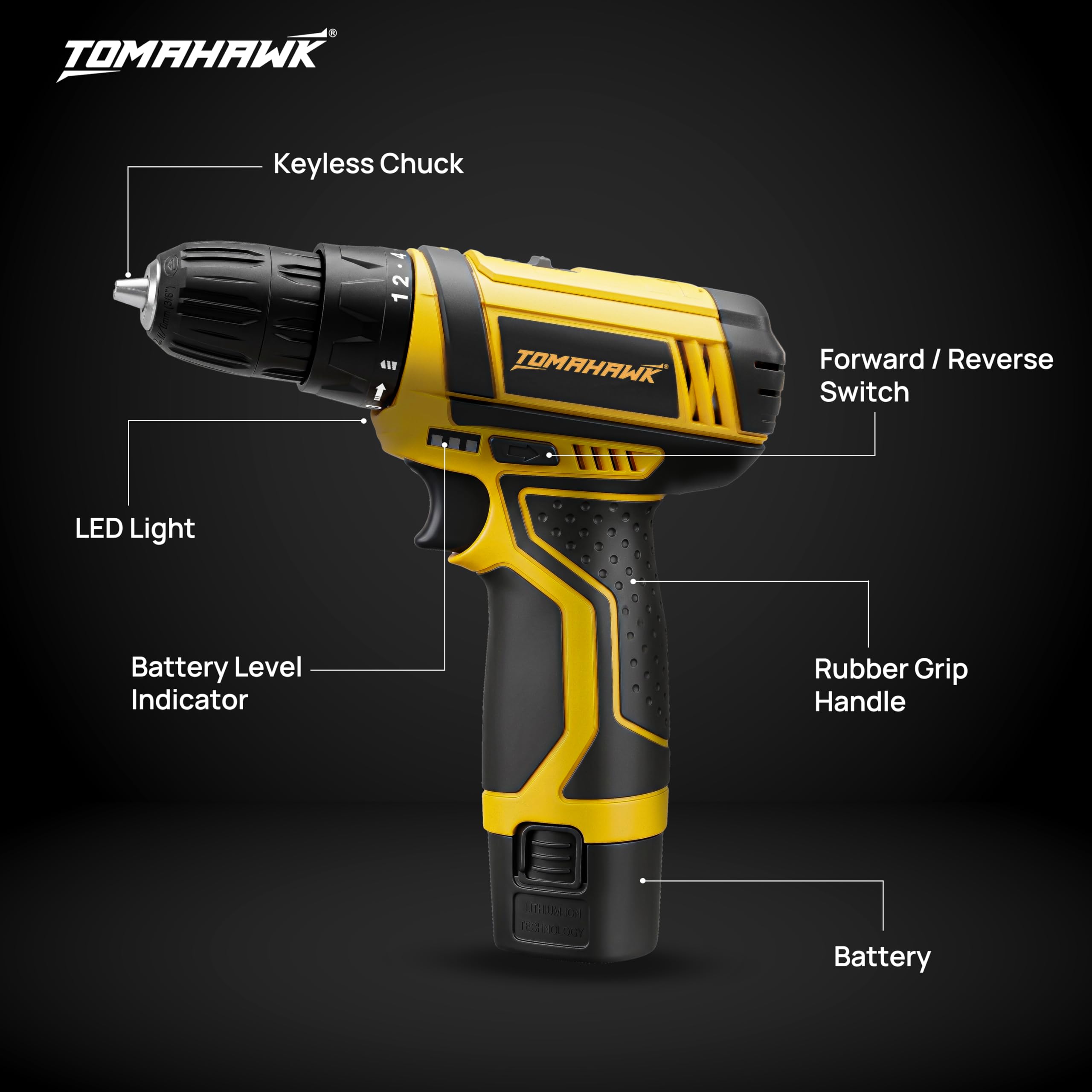 Tomahawk T7600-S 12V Cordless Drilling Machine & Screwdriver Kit | Wall Drilling | 10mm Chuck | 2-Speed 350/1350 RPM | 28 Nm | 18+1 Clutch | 1.5Ah Battery + Charger | LED + Indicator 4