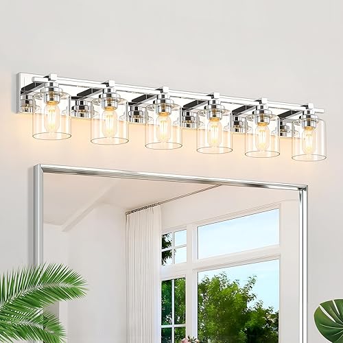 Miniatura 53 de 1 Lámpara Moderna para Baño sobre Espejo, Luces de Tocador Cromadas para Apliques de Pared de Baño con Pantallas de Vidrio Blanco Lechoso, Casquillo