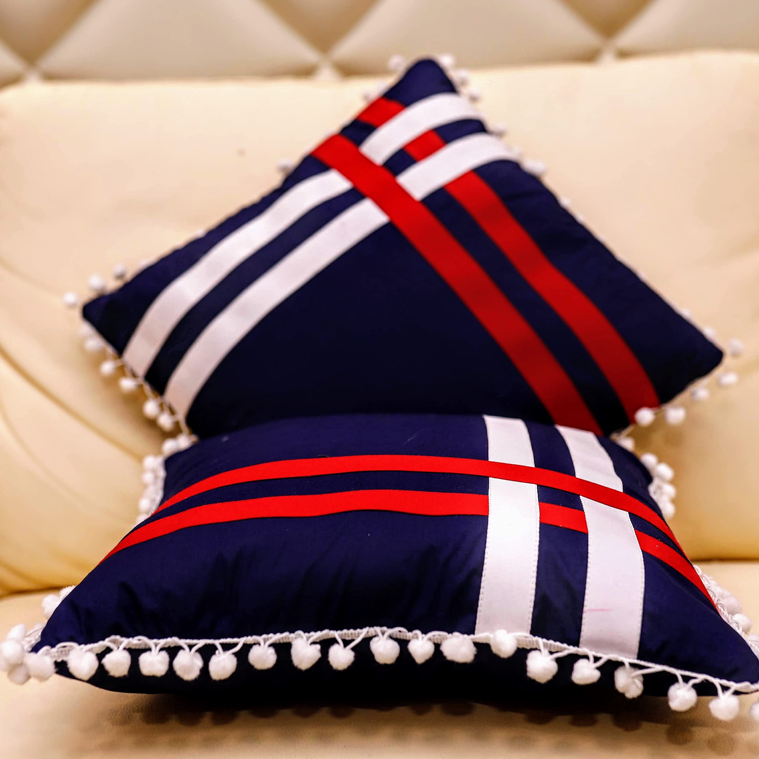 Arika Saavi Beautiful Handmade Knit Cotton Cushion Cover Red White Lines 16 x 16 Inch - 1 Pc