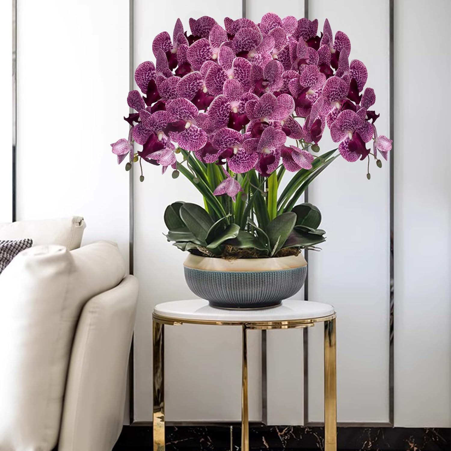 HinyoCo 5 Pcs Artificial Orchid Flowers and 4 Bundles Leaves, Artificial Phalaenopsis Flowers 32 Inch Stem Plants for Home Wedding Decoration (Purple Spots)