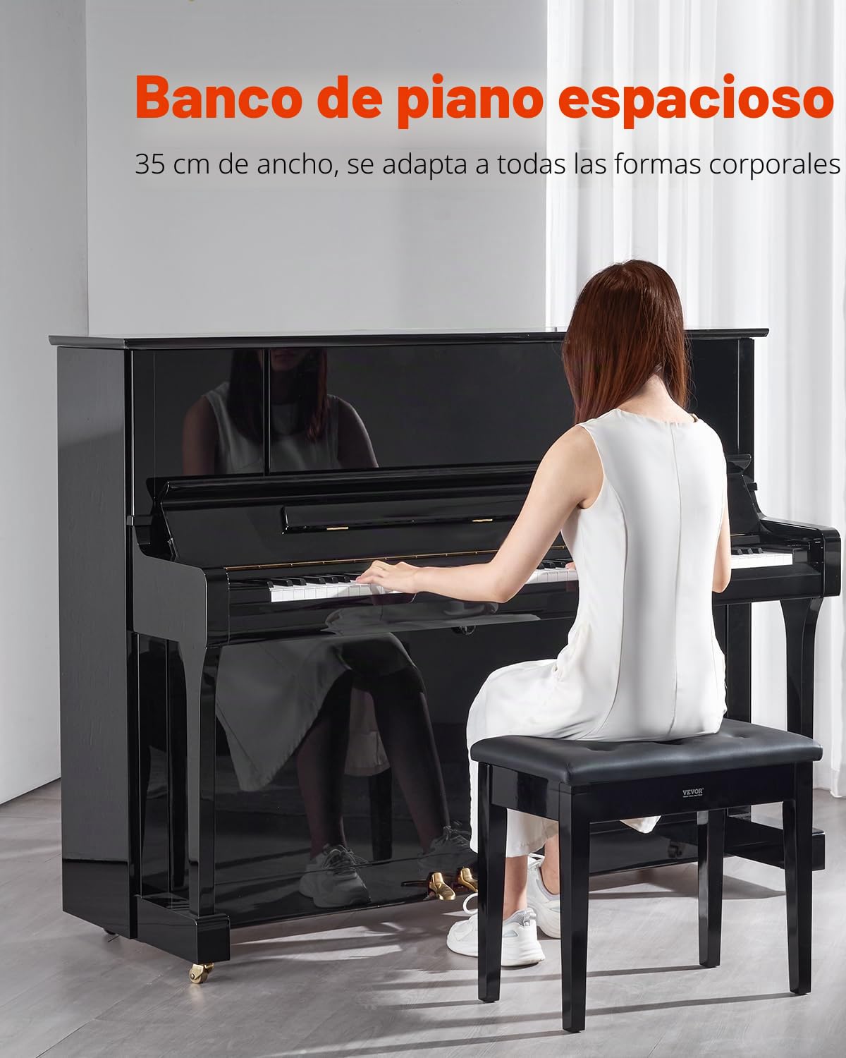 VEVOR Banco de Piano 560 x 350 x 485 mm Silla de Piano con Cojín Acolchado de Alta Densidad Almacenamiento para Libros de Música Taburete de Madera para Piano para Tocador, Sala de Estar, Dormitorio