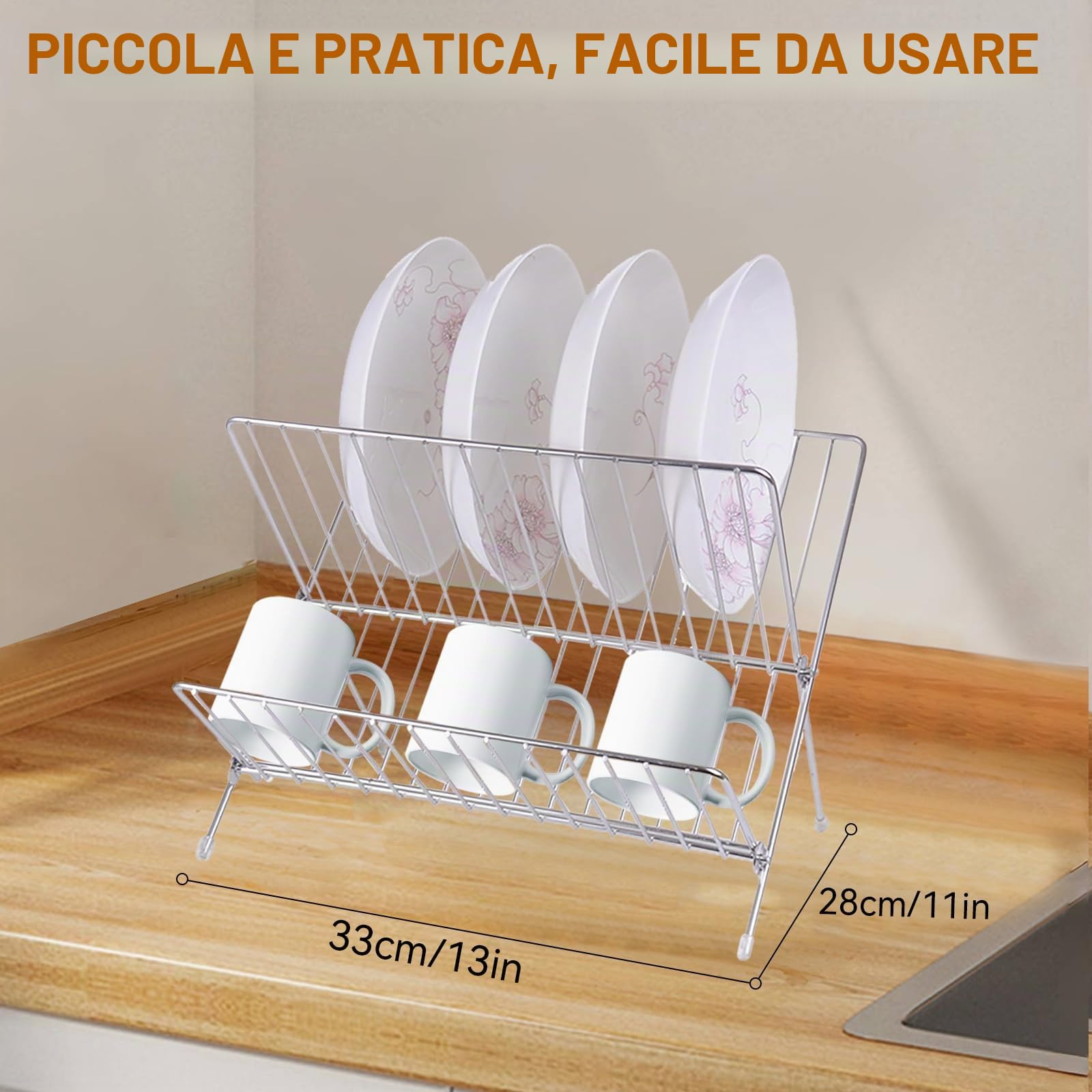 Scolapiatti Pieghevole in Acciaio Inossidabile a 2 Livelli di plplaaoo, con Vassoio Raccogligocce, Ideale per Stoviglie, Scolapiatti Pieghevole per Lavello della Cucina, Piano di Lavoro