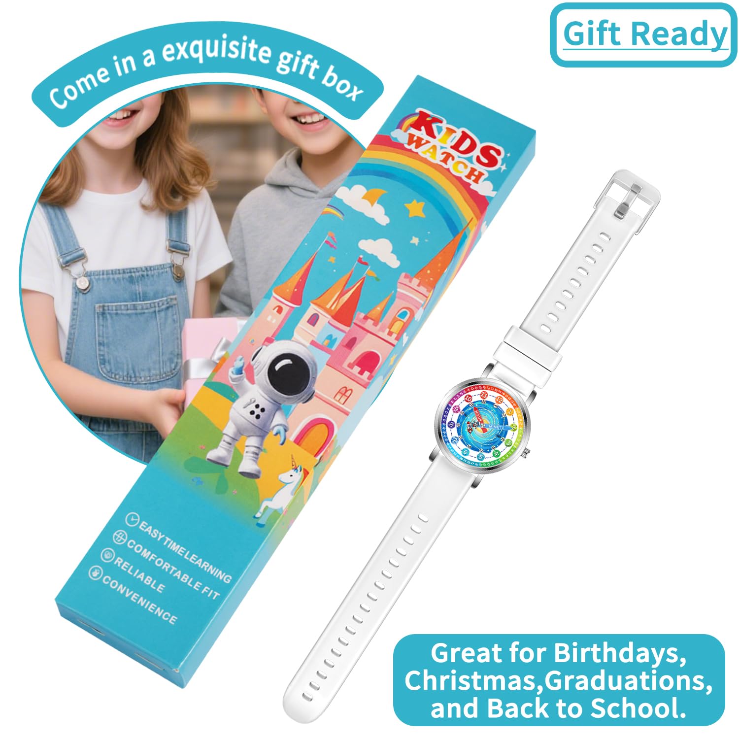 Orologio per bambini – Orologio per bambini – per ragazzi e ragazze dai 7 ai 10 anni, 8 – 12 anni, astronauta, strumento didattico a tempo, colorato bianco