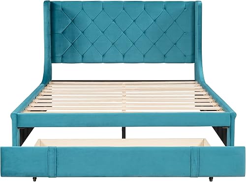Miniatura 5 de Base de cama Queen con cajón de almacenamiento, cama de almacenamiento tapizada de terciopelo con cabecera capitonada de botones, cama con