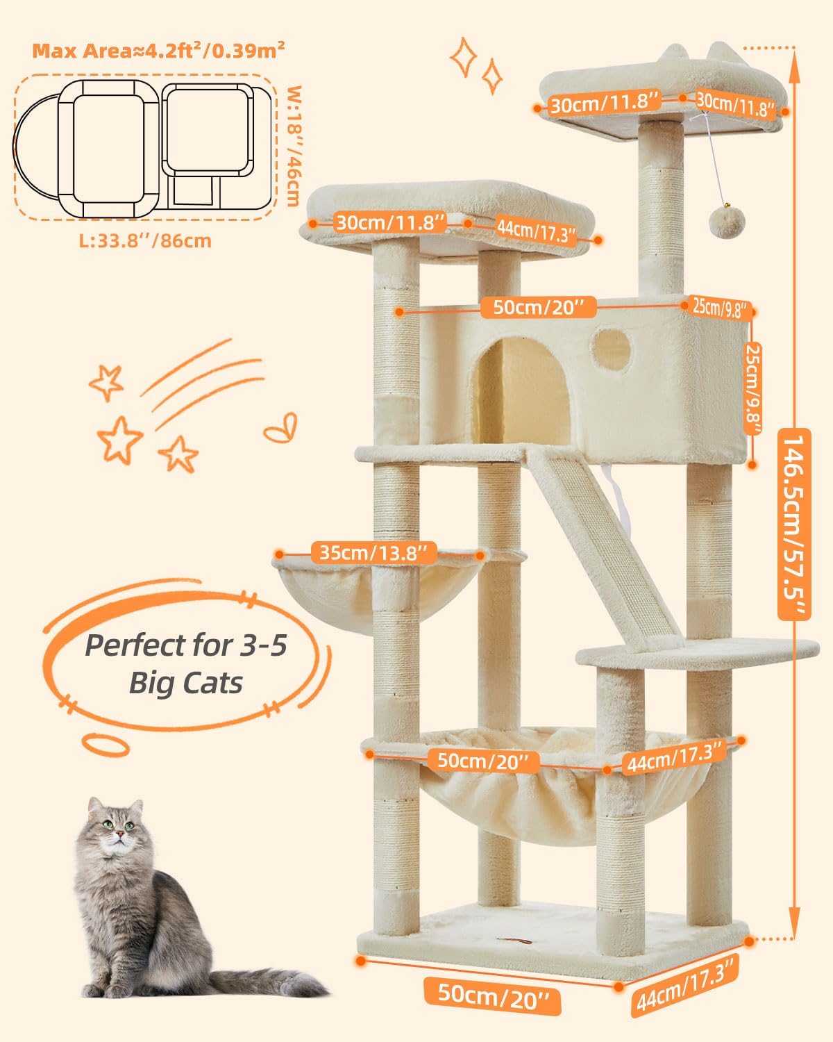 Taoqimiao Cat Tree 57.5-Inch, Cat Tower for Indoor Cats Large Adult, Extra Large Cat Condo, 8 Sisal Scratching Posts, Metal Frame Cozy Hammock, Durable Scratch Board, 2 Top Perches, Beige MS026M