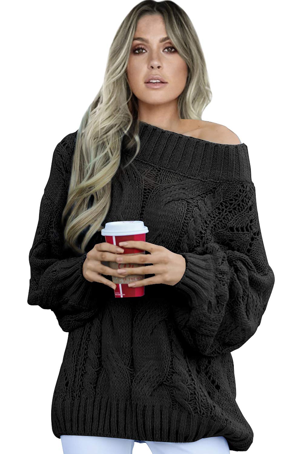 ITBCLOVE Women's Oversized Loose Ribbed Cable Sweater Knitted Pullover Long Sleeve Outwear Solid Color Jumper Tops Black