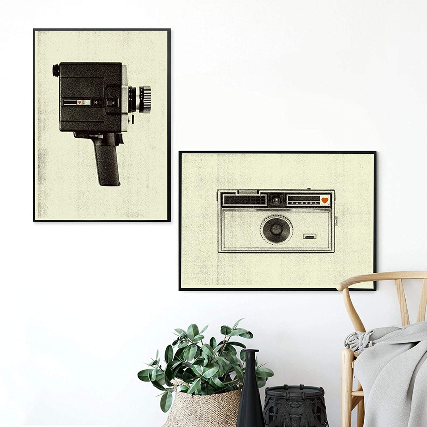 Canvas Wall Art 2 piece 15.7x23.6in(40x60cm)No Frame Nordic Retro Vintage Camera Love Posters And Prints Painting Heart Cassette Tape Home Decor Pictures