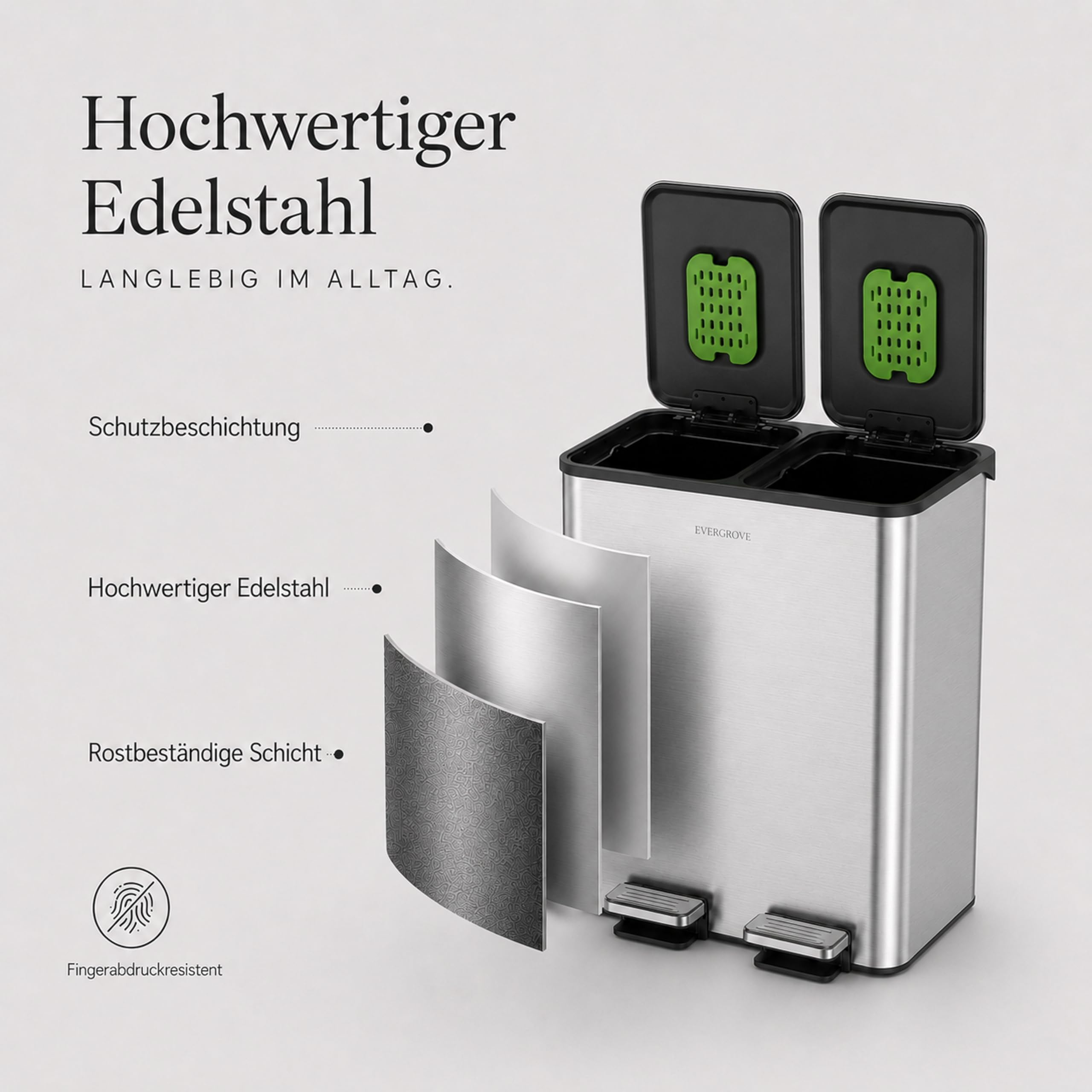 EverGrove 30-Liter-Mülltrennsystem, 2 x 15 L (Silber) | Gehäuse, Deckel und Pedale aus Edelstahl; zwei PP-Inneneimer, sanft schließende Deckel und ein eingesetzter Geruchsfilter.