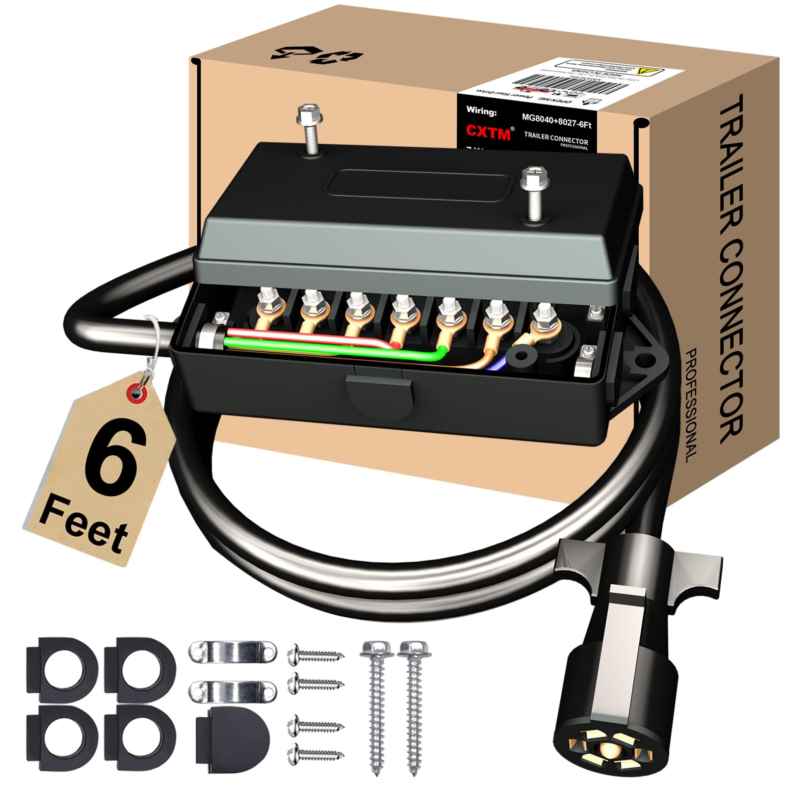 CXTM 7 Pin Trailer Wiring Harness with 7 Gang Junction Box - 6 Feet, Heavy Duty 7-Pin Trailer Cord Wire Cable, 7 Way Trailer Plug with Junction Box, Trailer Junction Box 7 Pole Waterproof (6ft)