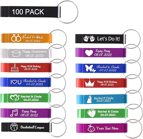 100 unidades de abrebotellas personalizado a granel personalizado abrebotellas llavero con logotipo grabado personalizado fiesta de boda regalos de