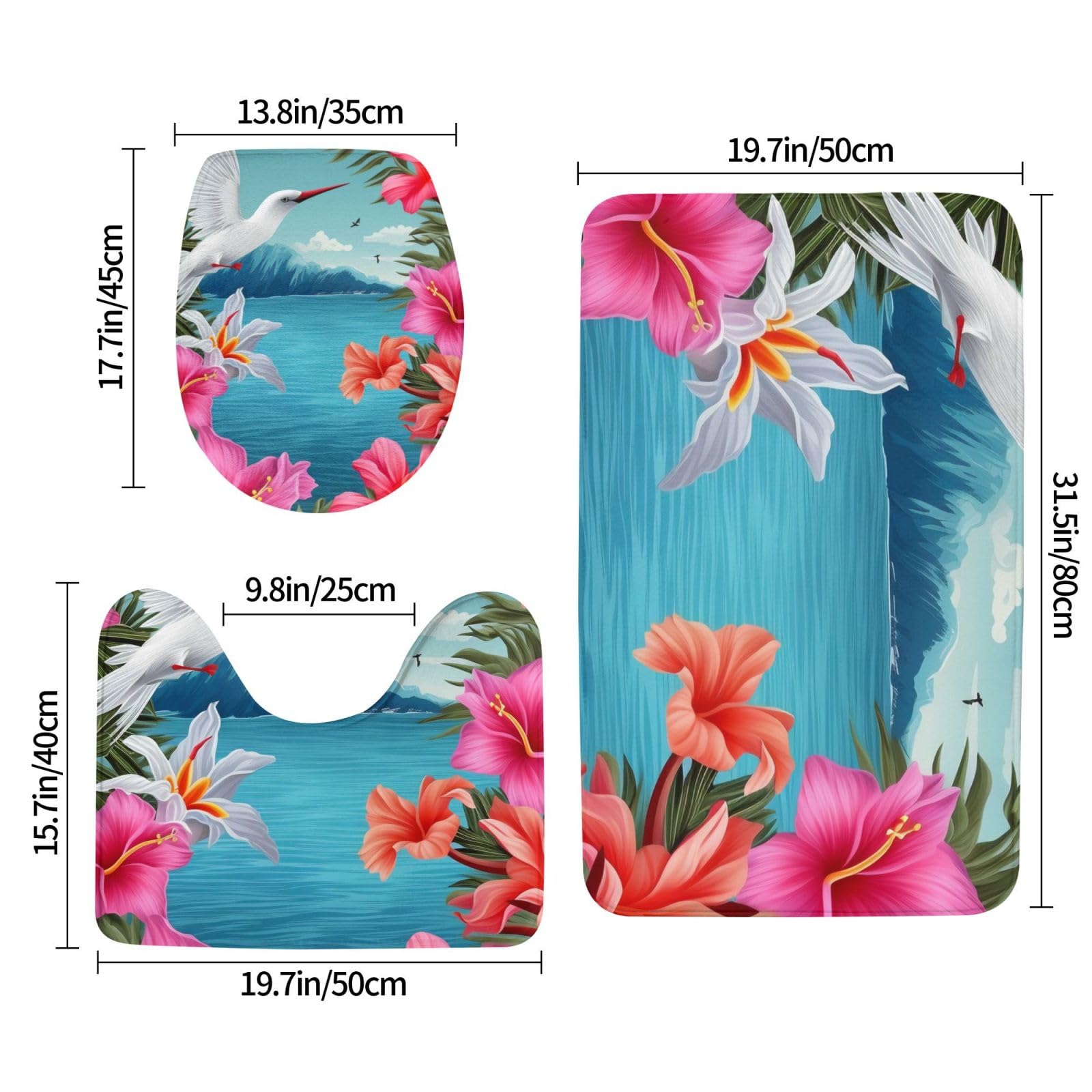 Lot de 3 tapis de bain en flanelle avec tapis de bain, tapis de contour et housse pour abattant WC, motif fleurs d'hibiscus, tapis de bain antidérapant et absorbant