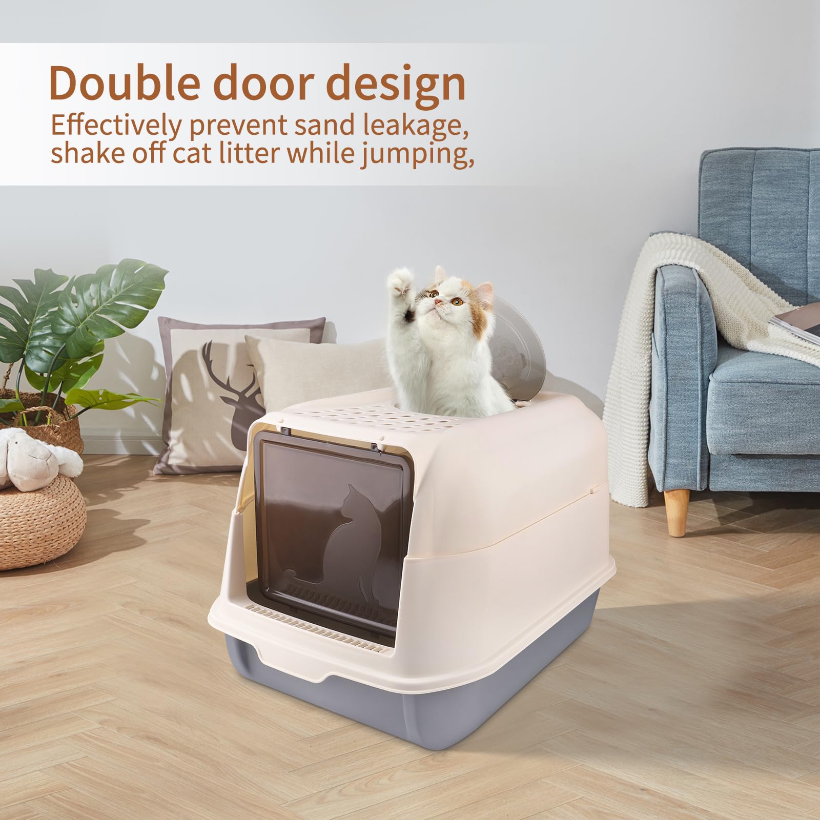 OHMG Lettiera per gatti con coperchio + accessori inclusi pala e tappetino, lettiera chiusa per gatti, grande, Lettiera XXL per Gatti, vassoio estraibile (cenere, 36 x 51 x 34 cm)