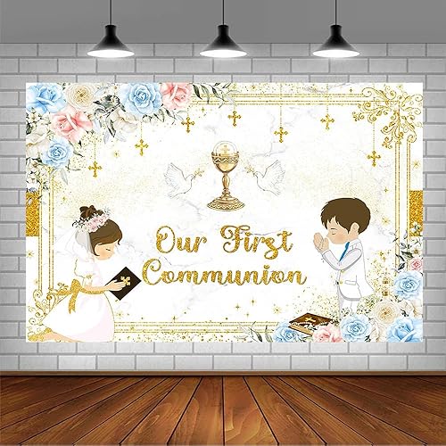 Vista 3 de Telón de fondo de Nuestra Primera Comunión para gemelos, Dios bendiga el bautismo, decoración de fiesta, ceremonia de bautizo, Mi Primera Comunión