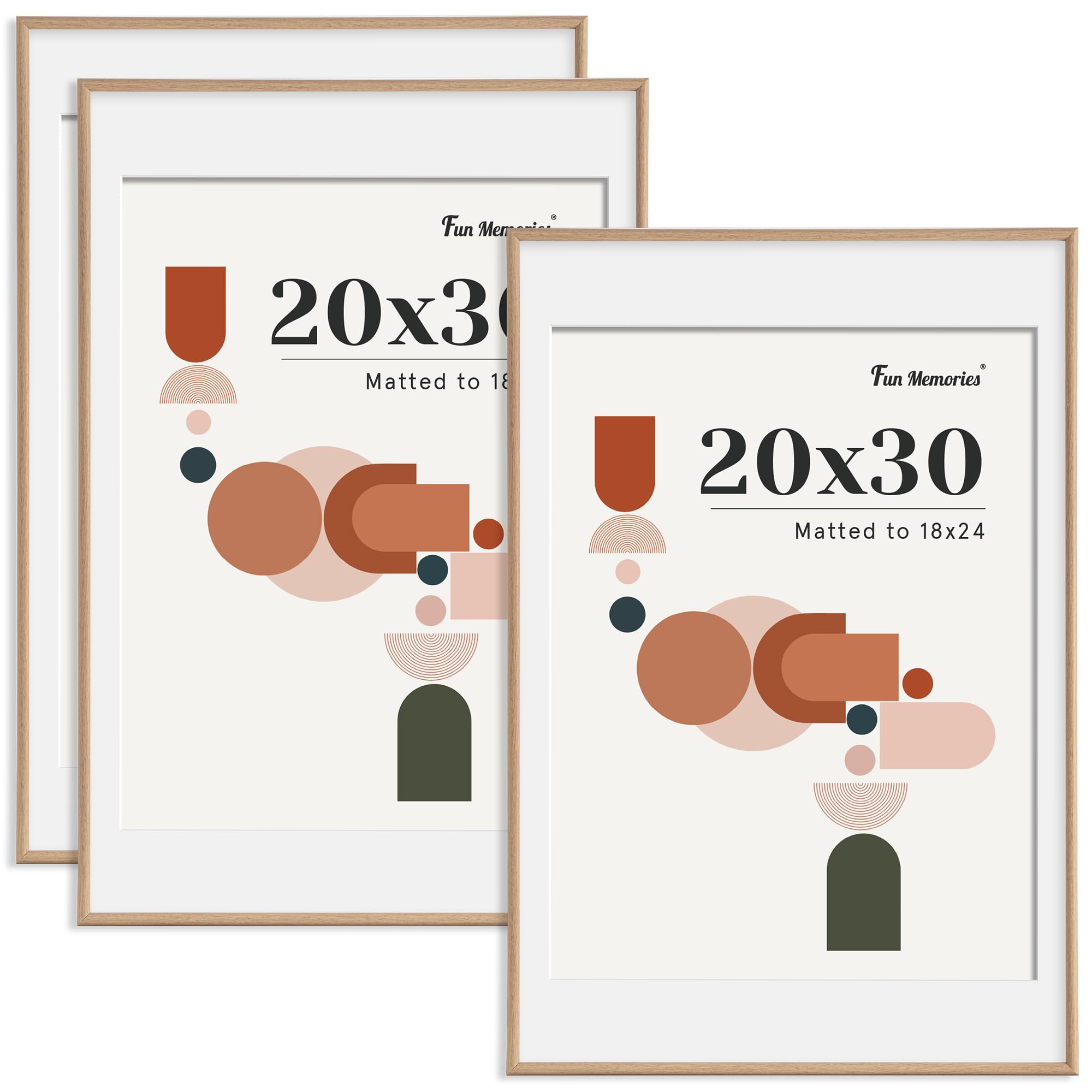 modern arched picture frames (set of 3), shatterproof pvc photo frames 20x30, display pictures 18x24 with mat or 20x30 without mat, lightweight, water-resistant & space-saving home decor, natural