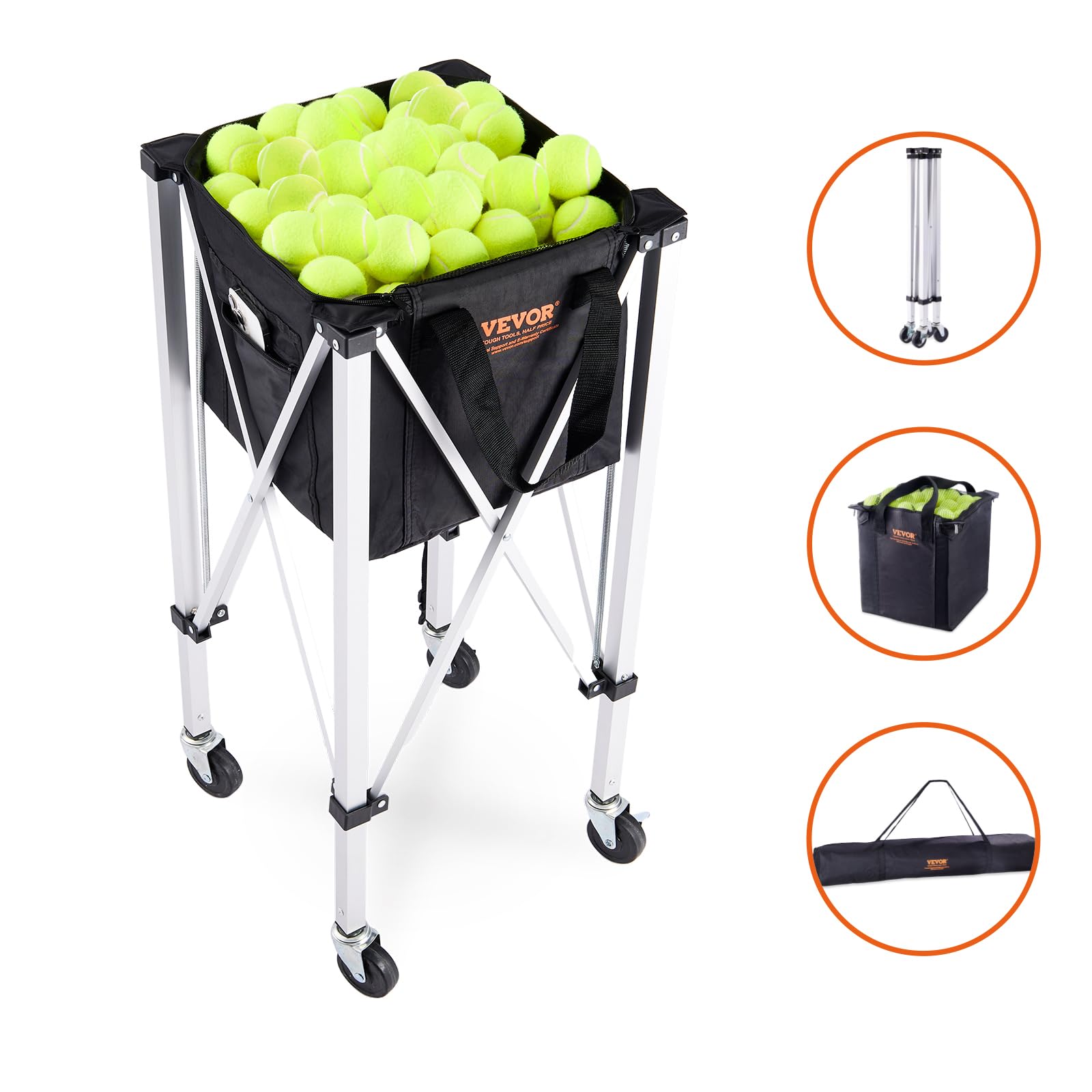 VEVOR Panier à Balle de Tennis Pliable 180 balles Chariot Alliage d'aluminium avec roulettes