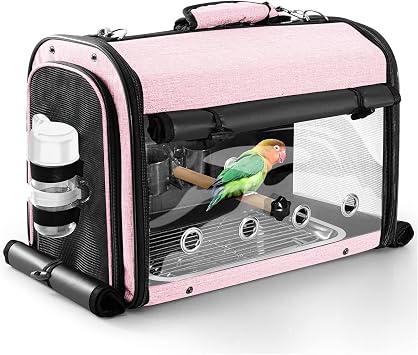Bird Carrier Bag Bird Travel Cage with Stand, Lightweight Backpack for Parrot, Portable Bird Travel Bag, Pet Transparent Breathable Travel Cage, Pink