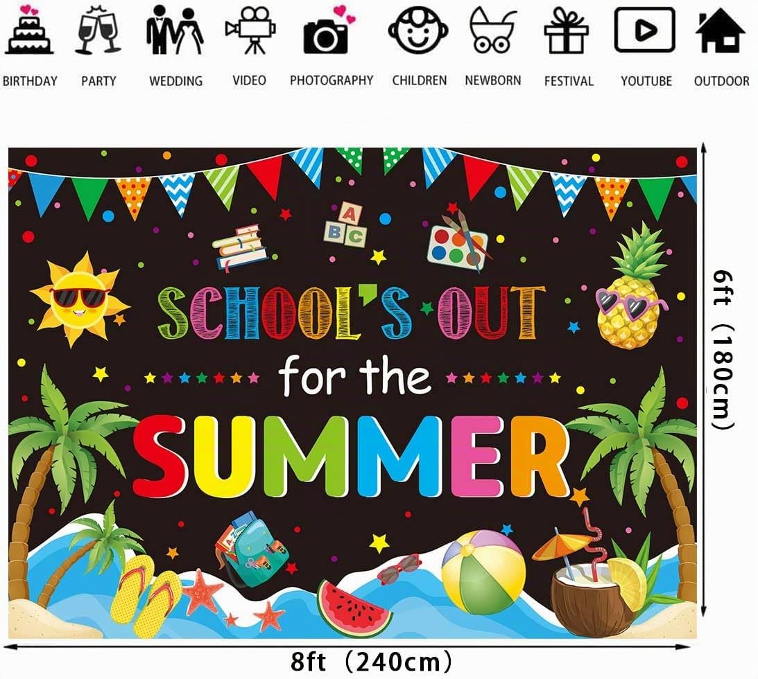 Toile de fond pour l'école - Décoration de fête de fin d'école - Fond de plage pour enfants - Vacances d'été - Décorations de fête - Bannière de décoration de table de gâteau (2,4 x 1,8 m)