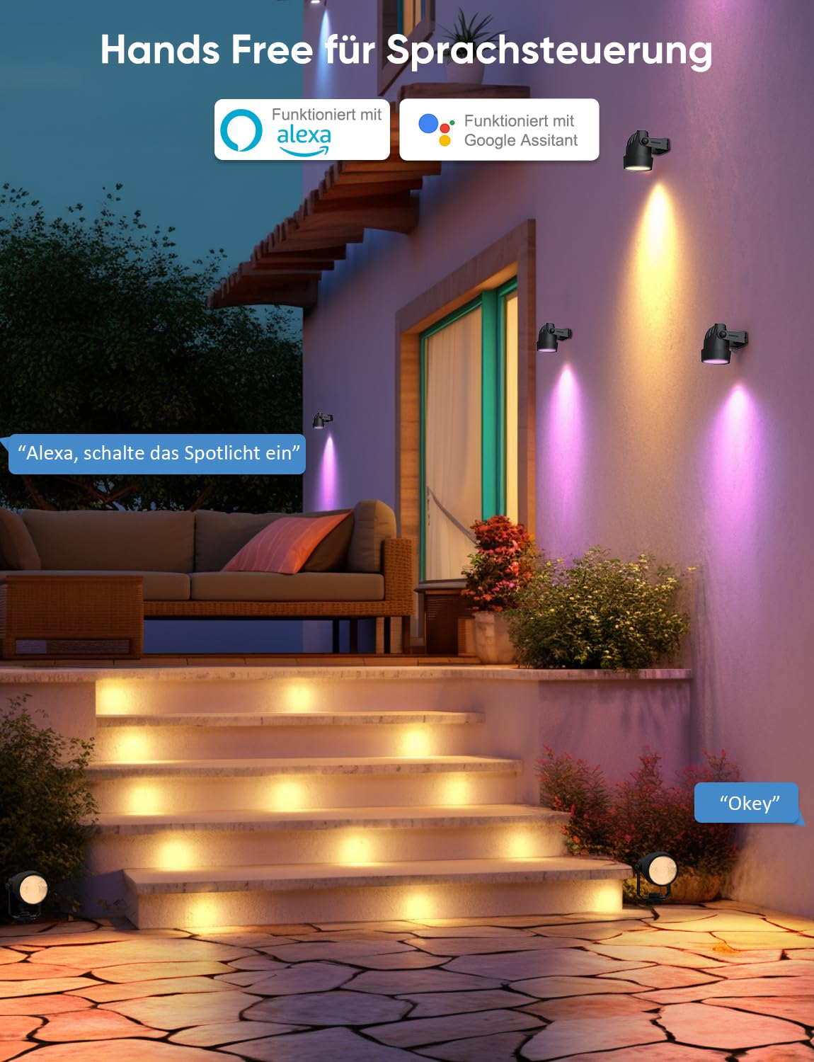 APPECK Gartenstrahler, WiFi Smart Gartenbeleuchtung mit Strom, RGBW Farbe ändernde intelligente Niederspannungs-Spot-Lichter, mit App/Sprachsteuerung, für Patio Garten Einfahrt Gehweg, 6 Stück