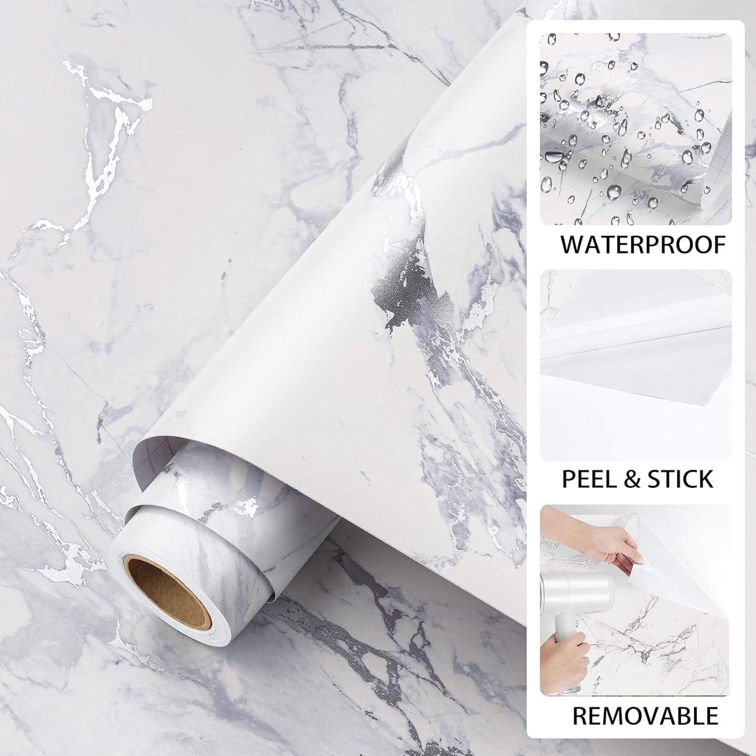 ReWallpaper Marble Countertop Peel and Stick Wallpaper 15.8in x 23ft Removable Modern White Grey Marble Wall Paper Waterproof Contact Paper for Bathroom Bedroom Accent Walls Vanity Kitchen Backsplash