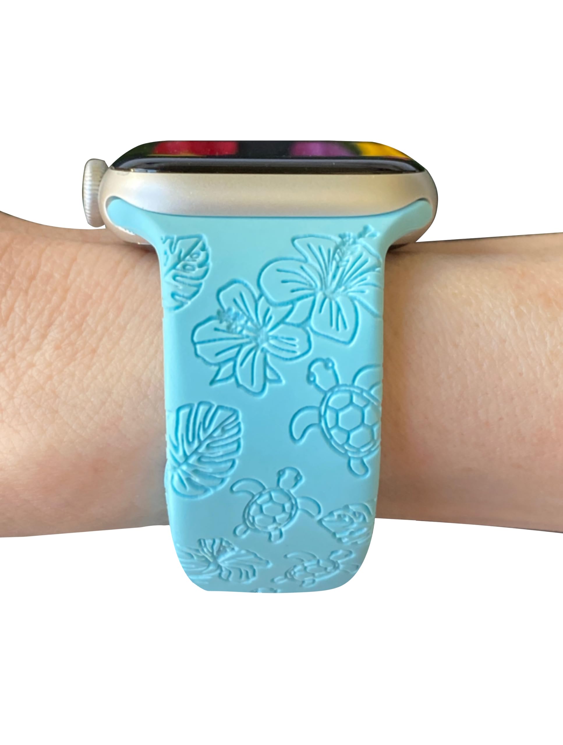 Maggiebands Engraved Turtle Watch Band Compatible with Apple Watch Bands 38mm 40mm 41mm 42mm 44mm 45mm 46mm Silicone Replacement for iWatch Series 10 9 8 7 6 5 4 3 2 1 SE, Hibiscus Turtle