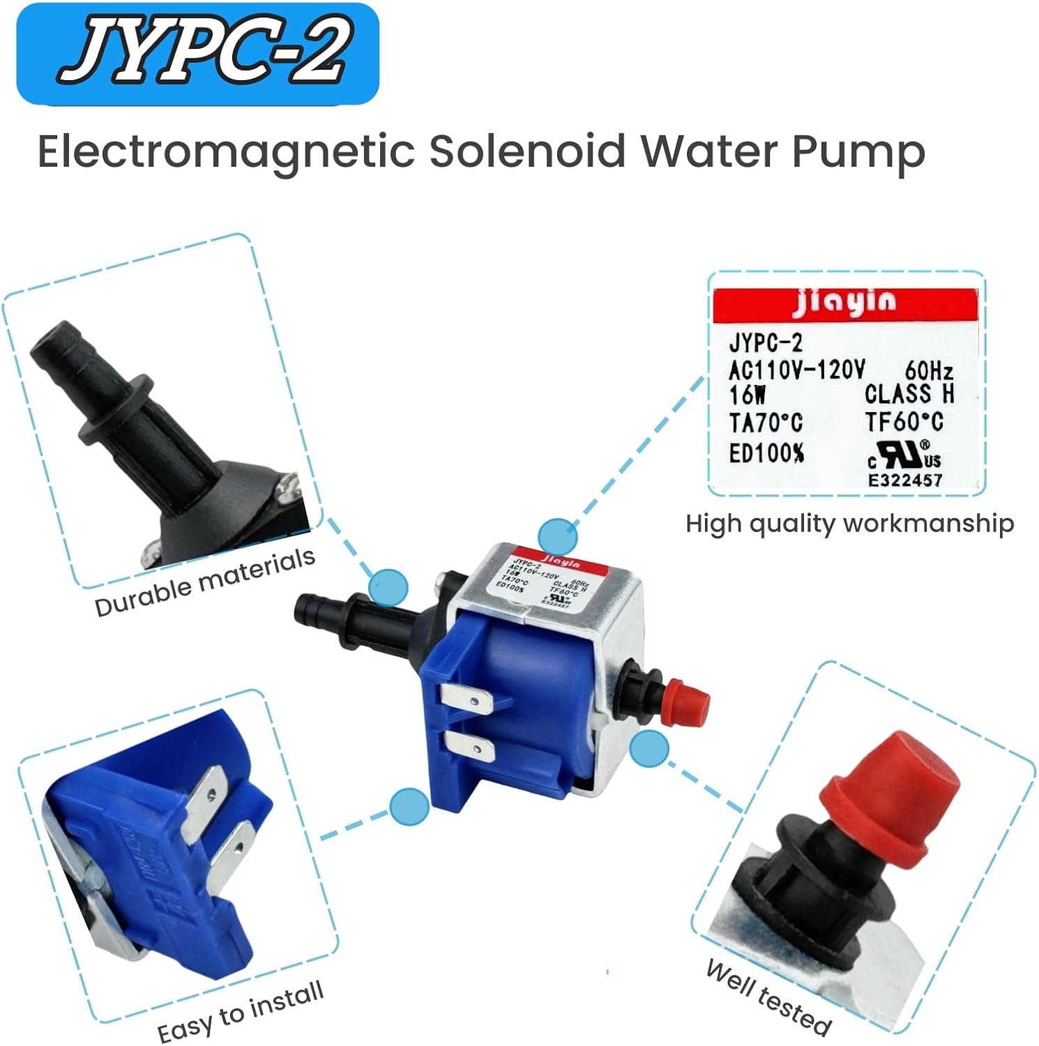 Jiayin JYPC-2 Electromagnetic Solenoid Water Pump 90cc/min, compatible with Electric iron, steam mop/garment steamer/coffee machine, etc, AC 110V - 120V 60Hz 16W