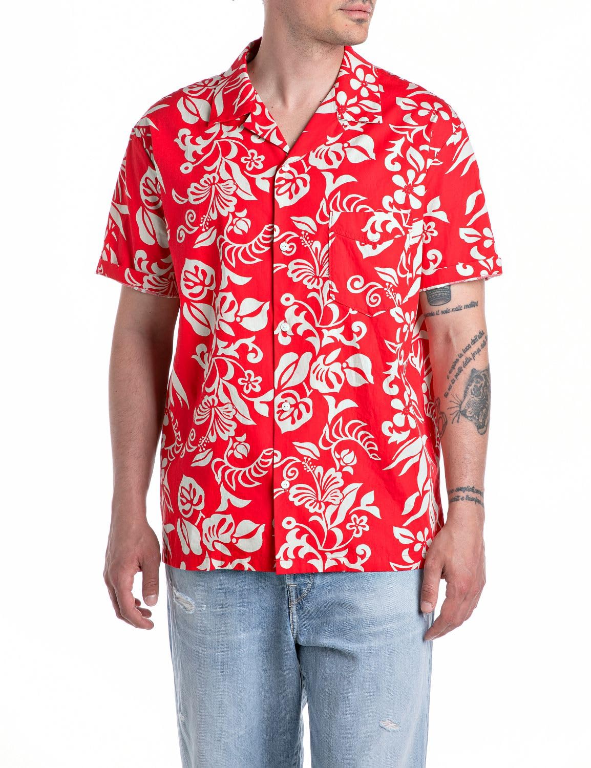 Replay Men's Red Short Sleeve Shirts, Xl, Short Sleeved Cotton Shirt