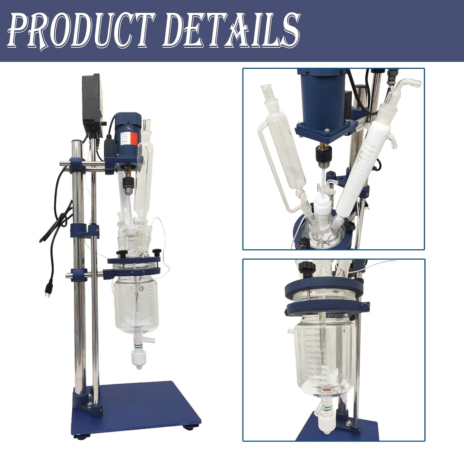 Glass Reactor 1L Chemical Lab Jacketed Glass Reactor Vessel Double-Layer Glass Digital Display Vessel for Chemistry Reaction Distillation 110V 90W