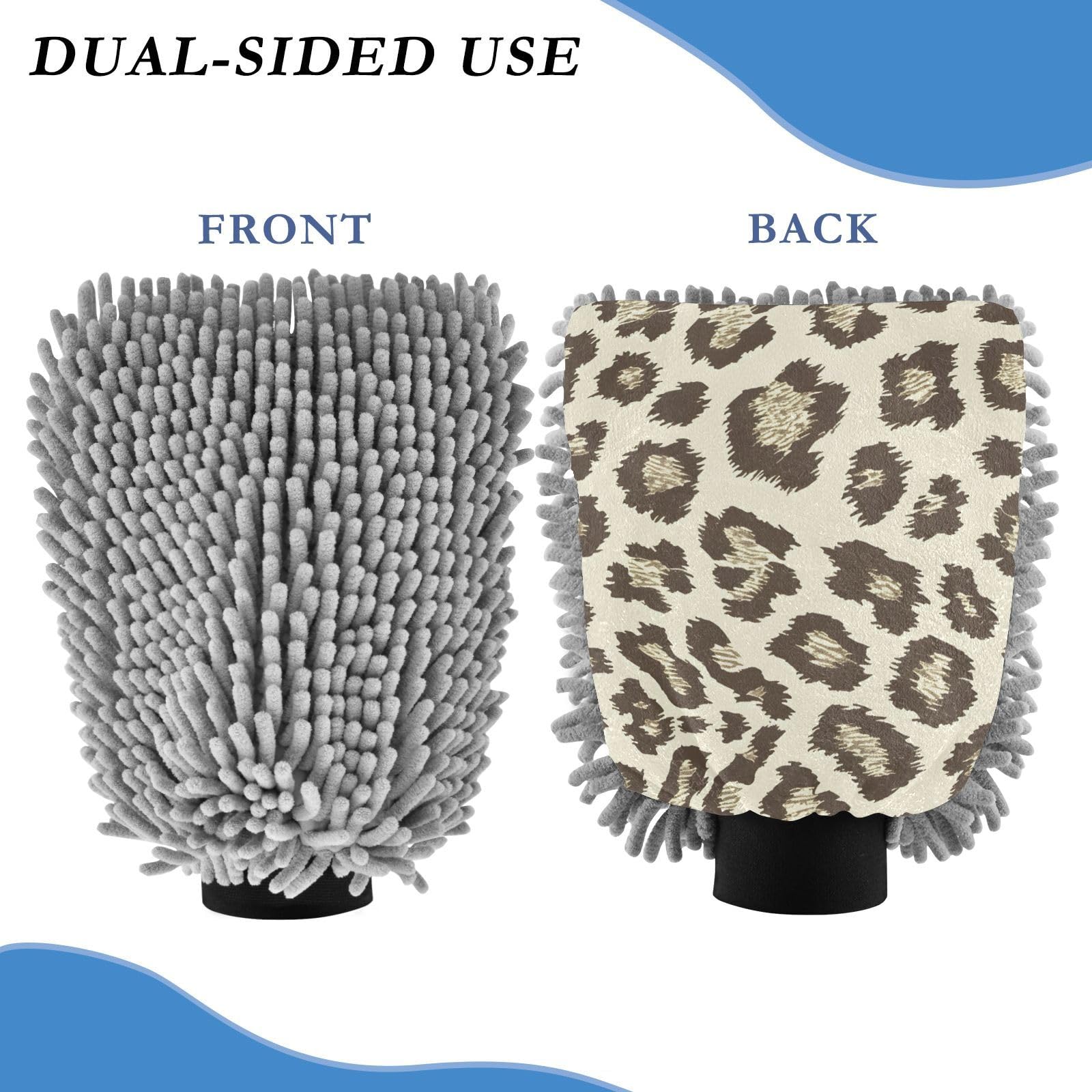 ALAZA Leopard Print Pattern Car Wash Mitt Scratch Free, 2 Pack Absorbent Microfiber/Chenille Washing & Drying Mitts, L