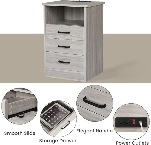 Miniatura 7 de ADORNEVE Mesita de noche gris con 3 cajones con puerto USB mesa auxiliar para dormitorio mesa auxiliar de madera para sofá con cajón deslizante y