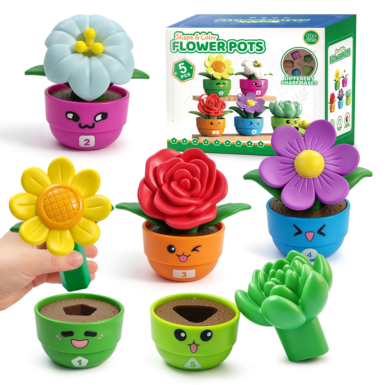 GEERAY Montessori Flower Garden Toy for Toddlers, 5PCS Kids Gardening Building Set, Color Shape Sorting & Stacking Sensory Toy, Preschool Educational Learning Gift for 1 2 3 Year Old Boys Girls