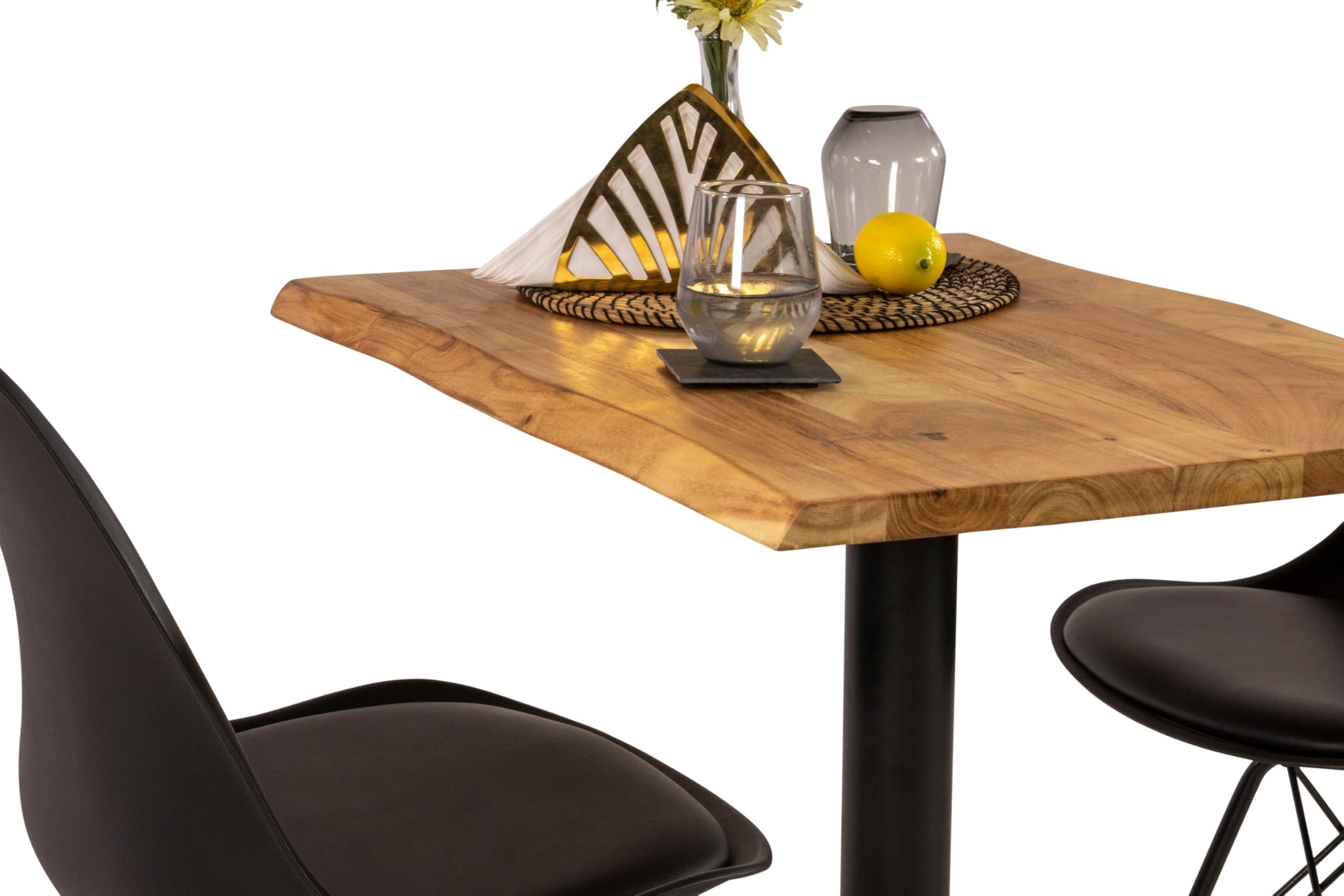 SAM Bistrotisch INES | 80 x 60 cm | Akazienholz massiv | Farbe: Natur | echte Baumkante | Säulen-Gestell Metall Schwarz | Baumkantentisch/Säulentisch/Esstisch für Küche, Café & Essbereich