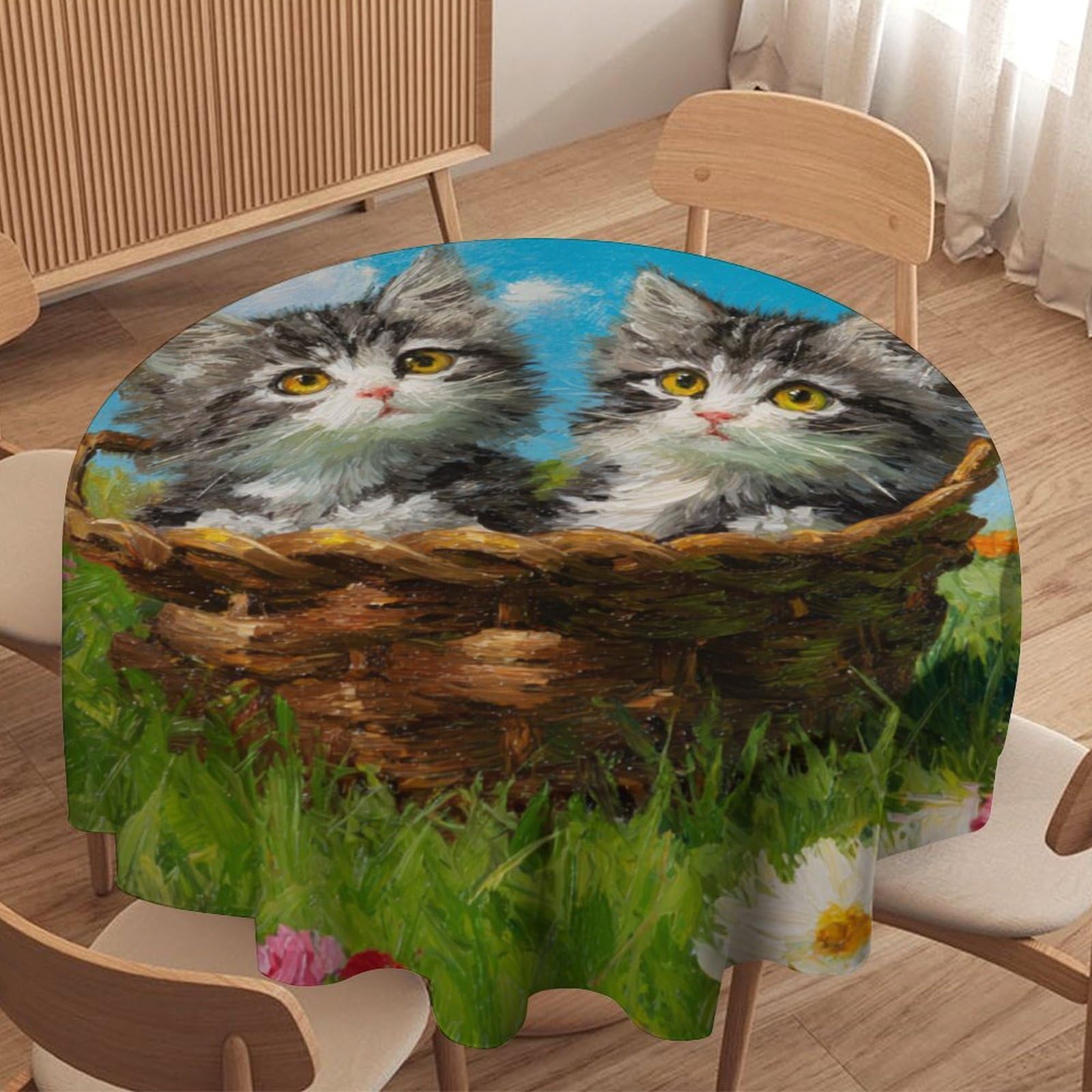 LUYYSKY Funny Vintage Cute Cats Round Tablecloth Rustic Watercolor Spring Garden Daisies Flowers Animals Kittens Print Washable Decor for Table Cover for Kitchen-50 Wx50 L