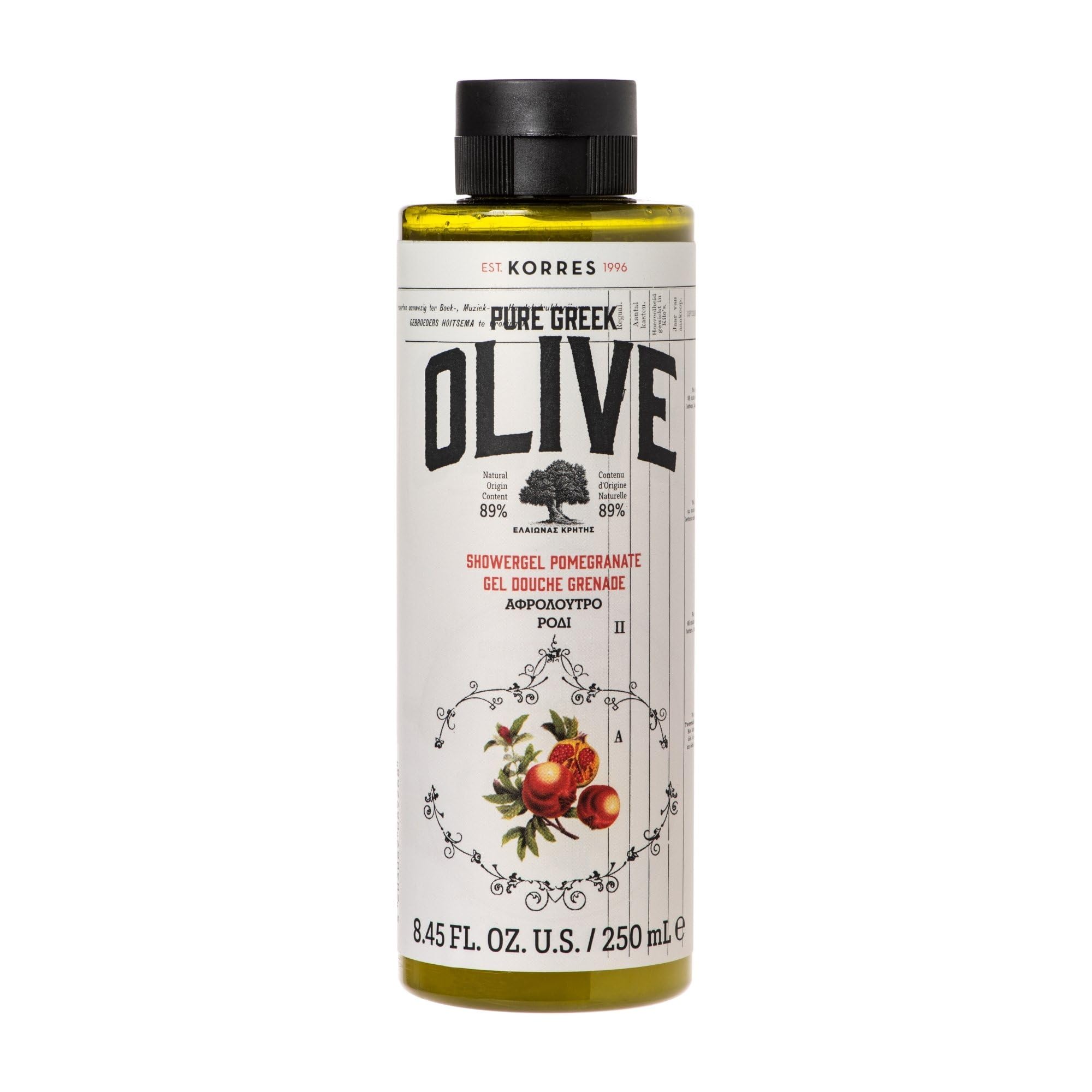KORRES OLIVE POMEGRANATE Gel doccia idratante per una pelle morbida, con olio extravergine di oliva e profumo di melograno, vegano, senza siliconi e parabeni, 250 ml