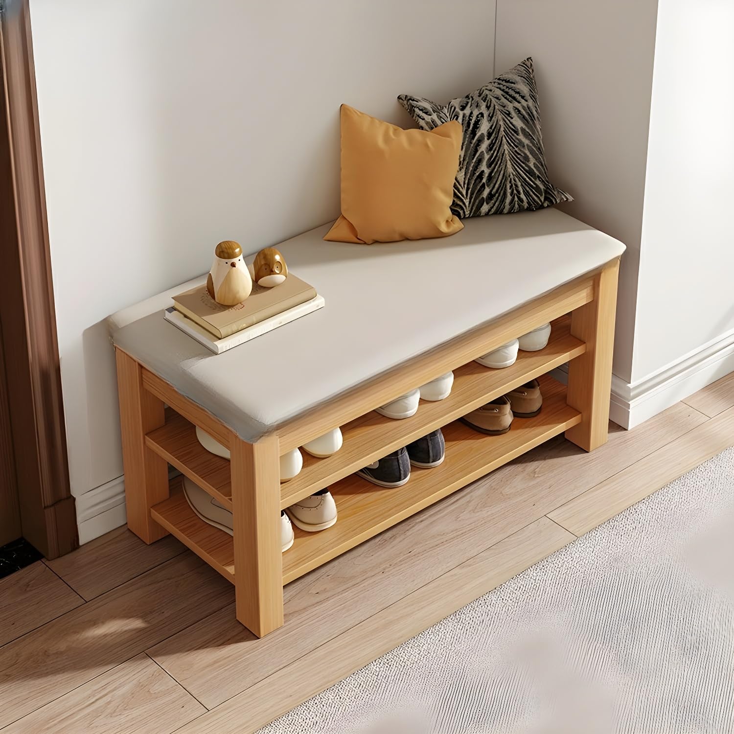 KLGFBDC Entryway Bench with Shoe Rack - Cushioned Wood Storage Bench for Hallway and Mudroom - Functional and Stylish Design