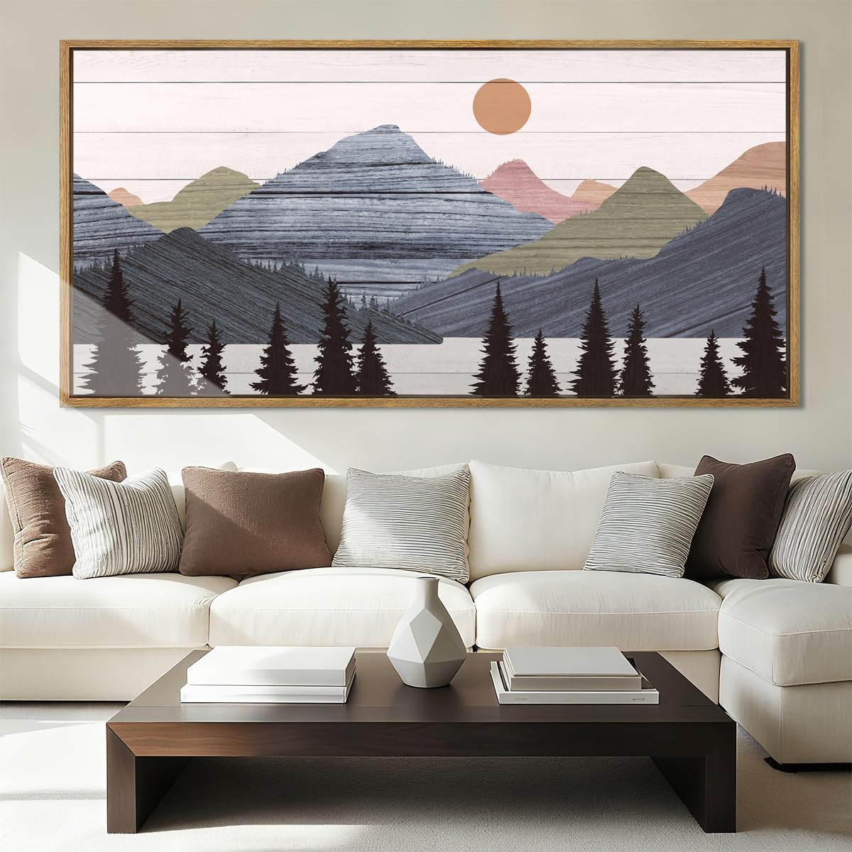 Framed Mountain Wall Art Pine Tree Forest Wall Decor Modern Mountain Range Painting 20x40 Inch for Living Room Bedroom Dining Room