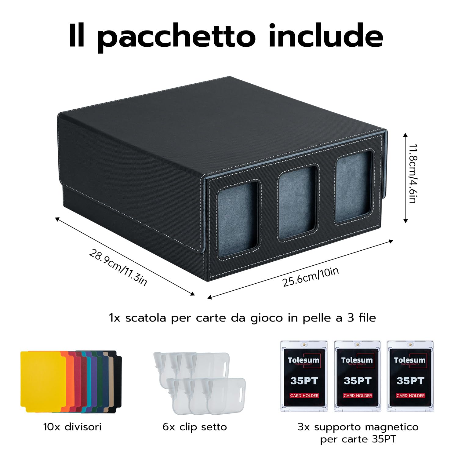 Commander Deck Box per MTG con 3 carte Magnetiche 35PT, Scatola per 1800+ Carte con 10 Divisori e 6 Clip, Adatta per Scatola Porta Carte Collezionabili Toploader da 3"x4" per Magic TCG–Nero