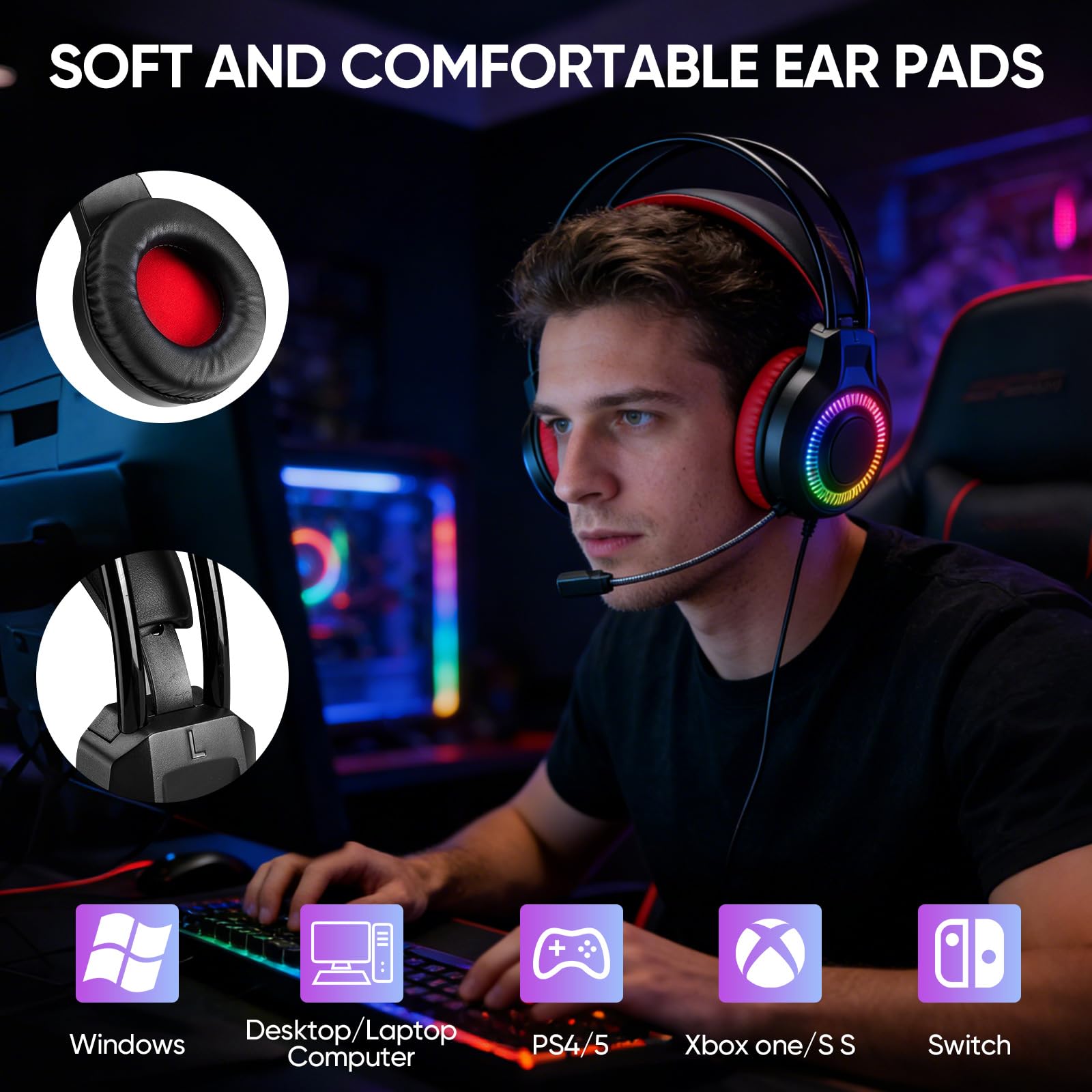 Teclado mecánico para juegos, mouse y alfombrilla de mouse y auriculares para juegos, paquete de retroiluminación LED RGB con cable para jugadores de PC y usuarios de Xbox y PS4, edición 4 en 1