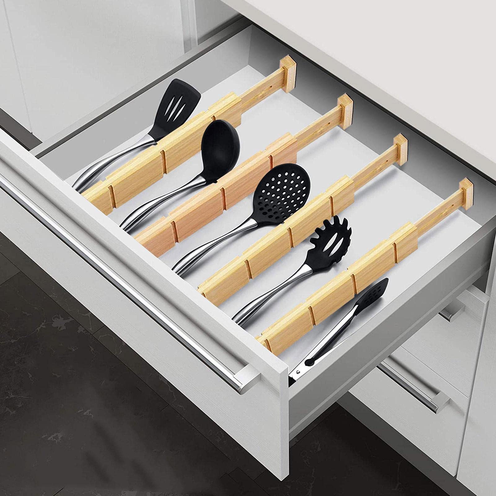 FJO Divisori Per Cassetti In Bambù, Regolabili Da 30 A 43 Cm, Confezione Da 4 - Organizer Espandibili Per Cucina, Camera E Ufficio