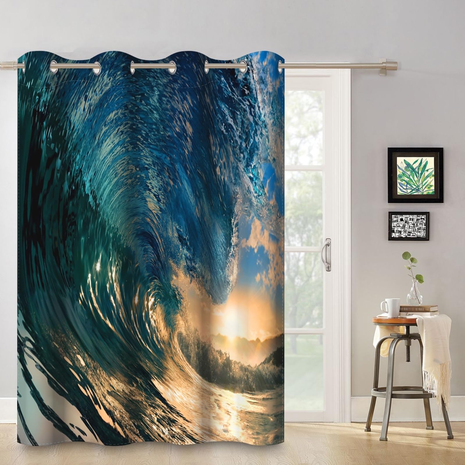 ggaimwf 42"x 63" Ocean Eyelet Curtain Blue Sea Wave Sunset Picturesque Natural Scenery Nautical Theme Thermal Grommet Room Dividers Blackout Window Drapes for Bedroom Living Room,1-Single Panel - Image 3